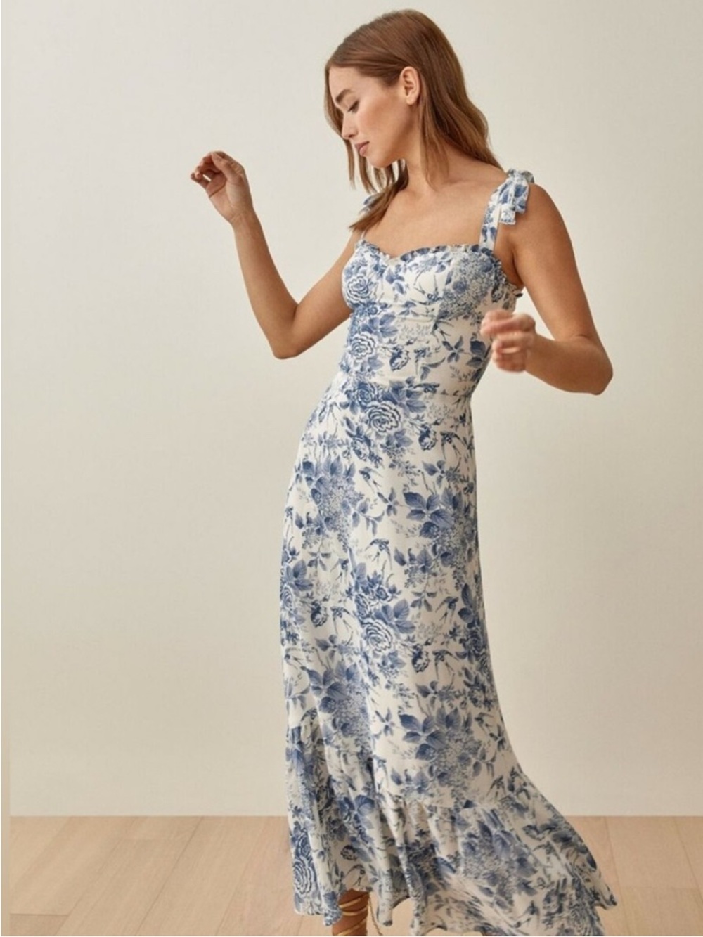 Reformation Nikita Toile Blue & White Floral Tie-Shoulder Maxi Dress 0
